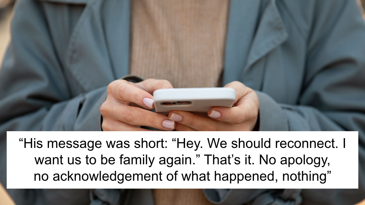 Person holding a phone reading a message about not wanting a relationship with my brother after 20 years apart.