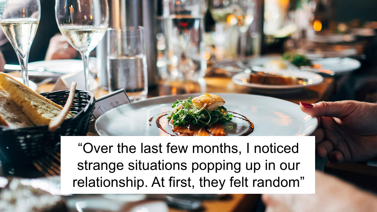Couple dining with drinks and food on table, reflecting on boyfriend secretly testing in relationship struggles.