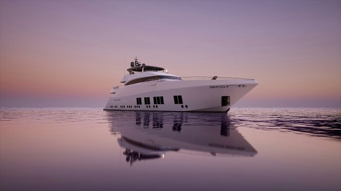 Luxury yacht floating on calm ocean waters at sunset, illustrating weird and fascinating things that happened in the ocean. Luxury yacht floating on calm ocean waters at sunset, illustrating weird and fascinating things that happened in the ocean.
