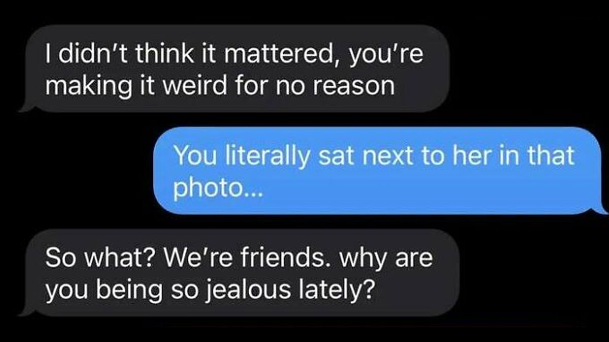 Text message exchange showing a messy conversation with jealousy, reflecting moments people turn to the internet over therapy.