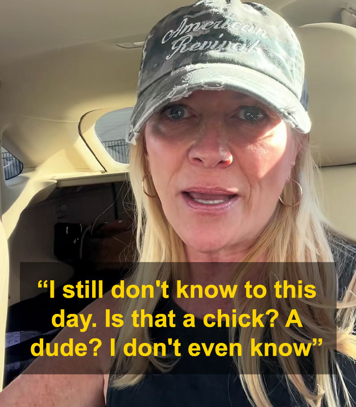 Woman wearing a camouflage cap upset after seeing a bearded trans man in women’s restroom sparking debate. Woman wearing a camouflage cap upset after seeing a bearded trans man in women’s restroom sparking debate.