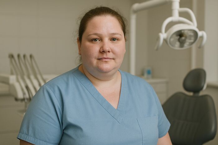 Nurse in blue scrubs in a medical office, representing patient care under the effects of anesthesia.