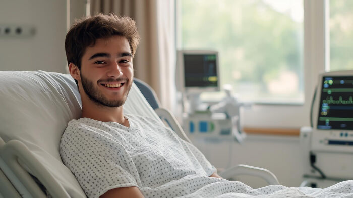 Young male patient smiling in hospital bed with medical monitors in the background under anesthesia effects.