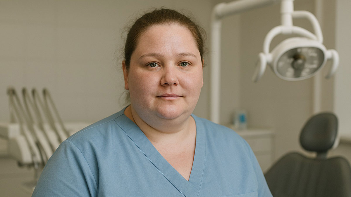 Female nurse in blue scrubs in a medical office, related to patients under the effects of anesthesia stories.