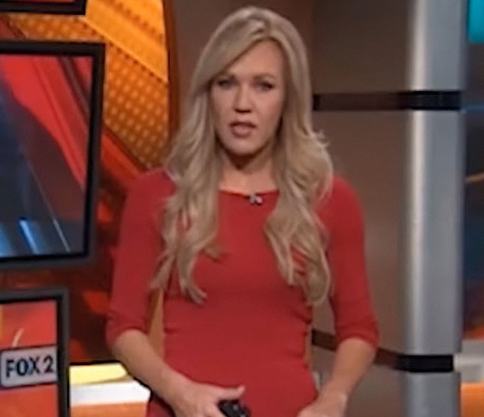 Former news anchor in red dress reporting on a Halloween incident involving her own mother to save herself. Former news anchor in red dress reporting on a Halloween incident involving her own mother to save herself.