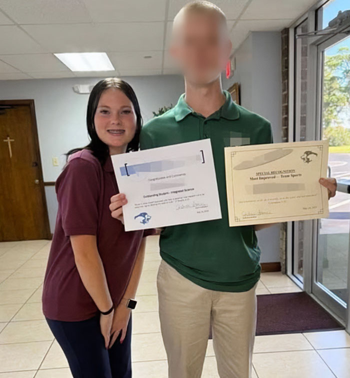 Teen girl and boy holding certificates indoors, related to father of teen slain on cruise and alleged affair with babysitter. Teen girl and boy holding certificates indoors, related to father of teen slain on cruise and alleged affair with babysitter.