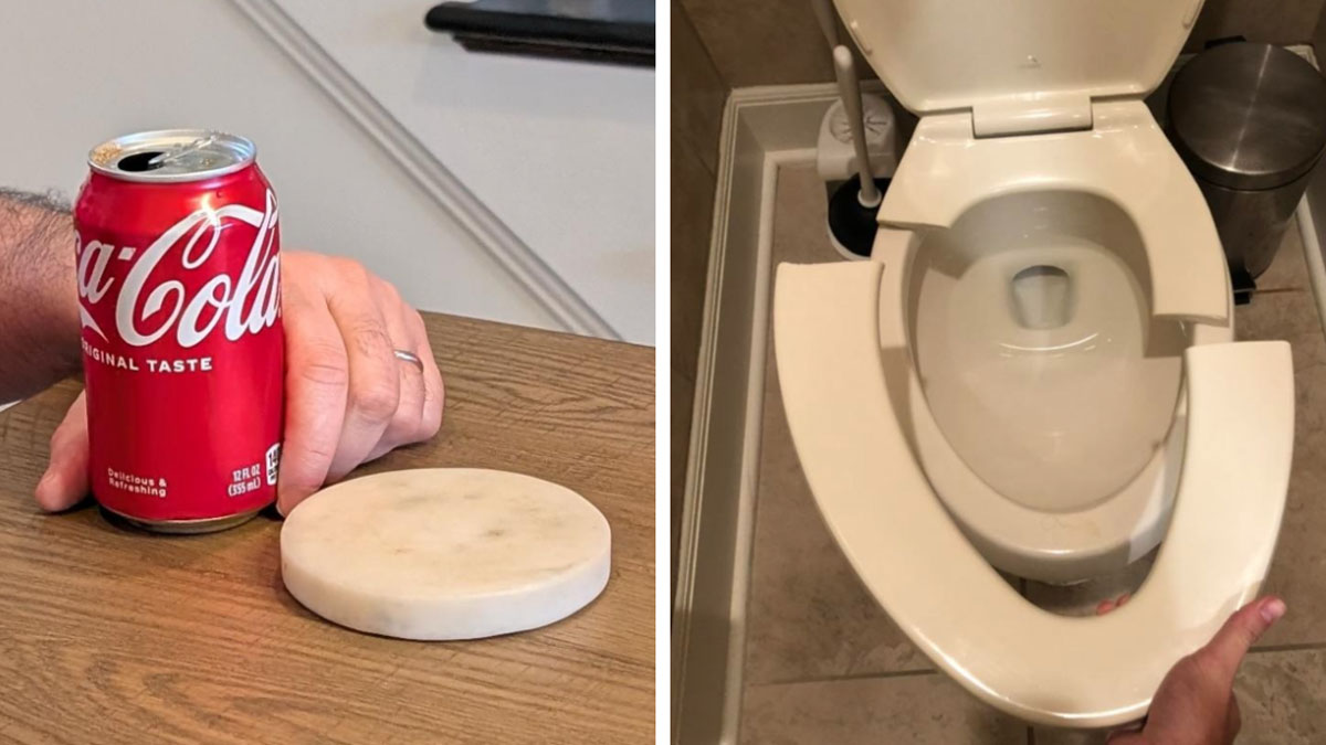 Broken toilet seat and Coke can with hand holding it, highlighting family members infuriating moments vented online.