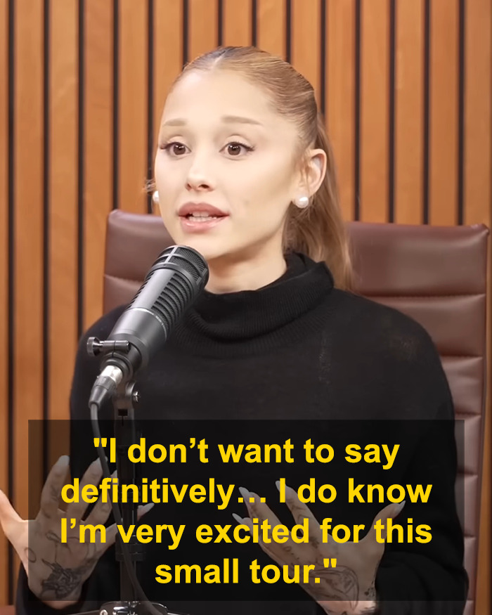 Ariana Grande speaking into a microphone during a podcast, discussing her excitement for a small tour announcement. Ariana Grande speaking into a microphone during a podcast, discussing her excitement for a small tour announcement.
