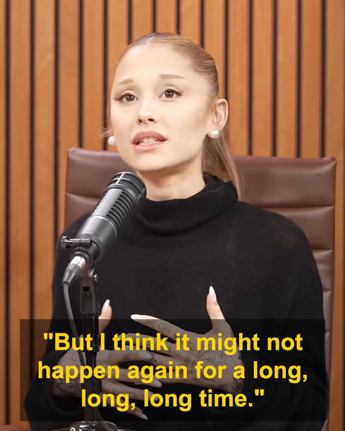 Ariana Grande speaking into a microphone during a podcast, discussing her cryptic last hurrah announcement. Ariana Grande speaking into a microphone during a podcast, discussing her cryptic last hurrah announcement.