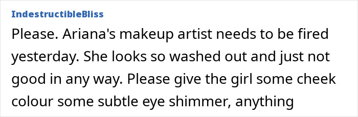 Fan comment expressing concern over Ariana Grande's appearance in her Wicked role, calling it viscerally upsetting.