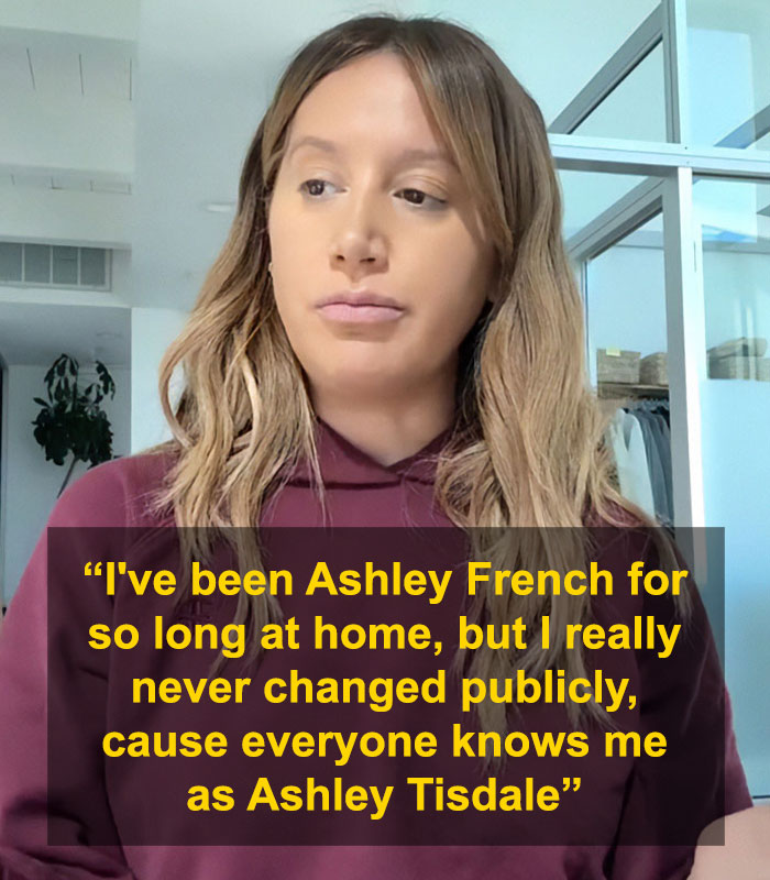 Ashley Tisdale discussing her official name change and reasons behind it in a casual indoor setting. Ashley Tisdale discussing her official name change and reasons behind it in a casual indoor setting.