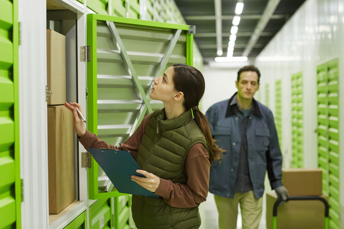 Woman organizing boxes and taking notes in a storage unit, illustrating aunt crib storage baby solutions and organization ideas. Woman organizing boxes and taking notes in a storage unit, illustrating aunt crib storage baby solutions and organization ideas.
