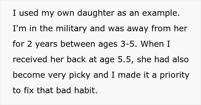 Text excerpt about a military parent addressing picky eating habits in their young daughter. Text excerpt about a military parent addressing picky eating habits in their young daughter.