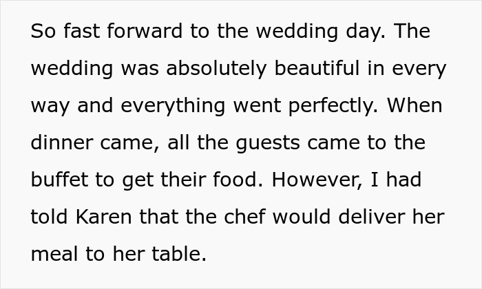 Text describing a bride serving a special meal at the wedding as revenge on a controlling mother-in-law.