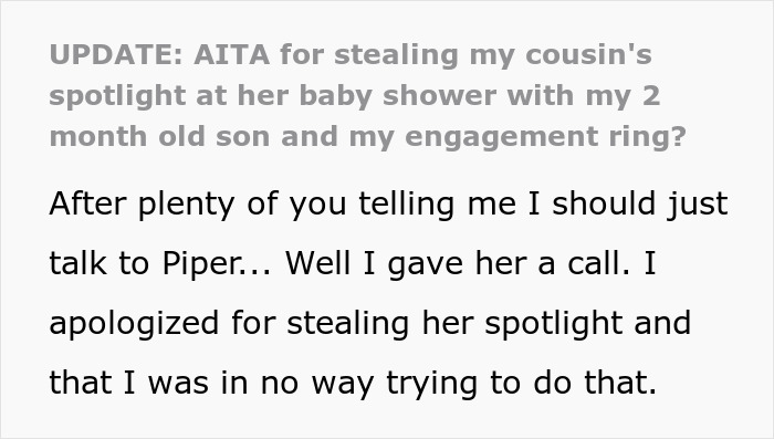 Text excerpt about cousin's family accusing woman of stealing spotlight with baby and engagement ring during baby shower. Text excerpt about cousin's family accusing woman of stealing spotlight with baby and engagement ring during baby shower.