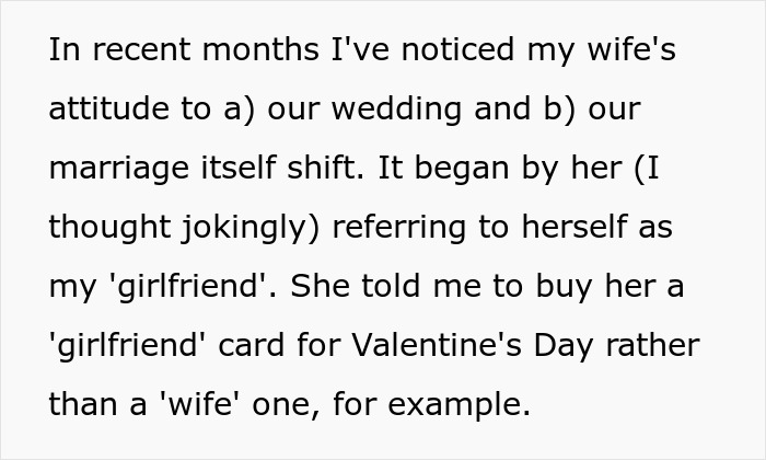 Husband bewildered at wife for seemingly forgetting they got married, questioning their wedding and marriage shift. Husband bewildered at wife for seemingly forgetting they got married, questioning their wedding and marriage shift.