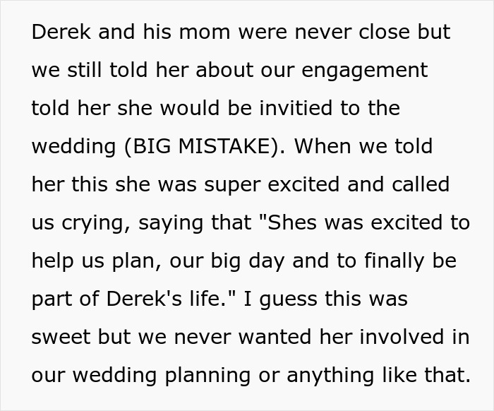 Text describing a controlling mother-in-law eager to help plan a wedding despite the couple’s disinterest in her involvement.