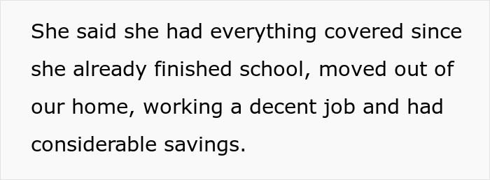 Text discussing a daughter managing money independently after school, working, and having considerable savings. Text discussing a daughter managing money independently after school, working, and having considerable savings.