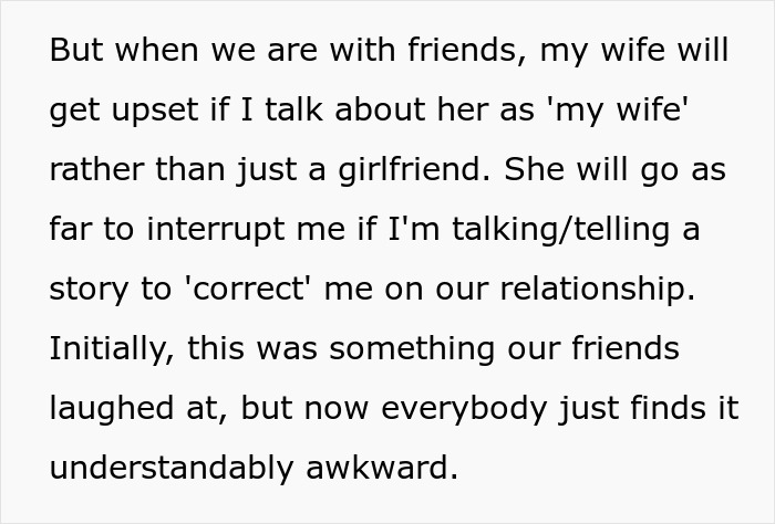 Husband bewildered as wife acts like they are not married, causing awkward moments with friends about their relationship status Husband bewildered as wife acts like they are not married, causing awkward moments with friends about their relationship status