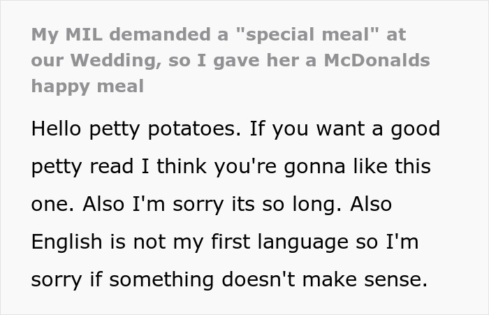 Text from a post about a bride’s savage revenge on a controlling MIL by serving a special meal at the wedding.