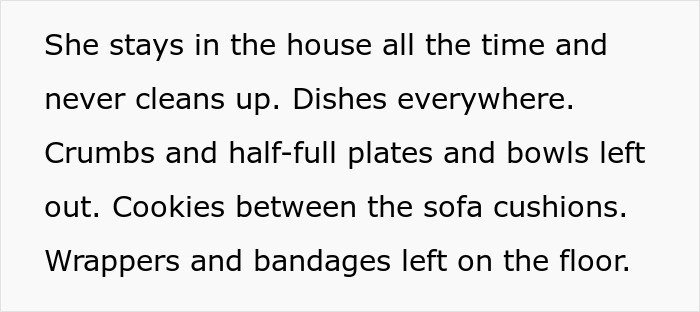 Text showing a messy house with dishes, crumbs, wrappers, and bandages left out, highlighting a clean-up fee dispute. Text showing a messy house with dishes, crumbs, wrappers, and bandages left out, highlighting a clean-up fee dispute.