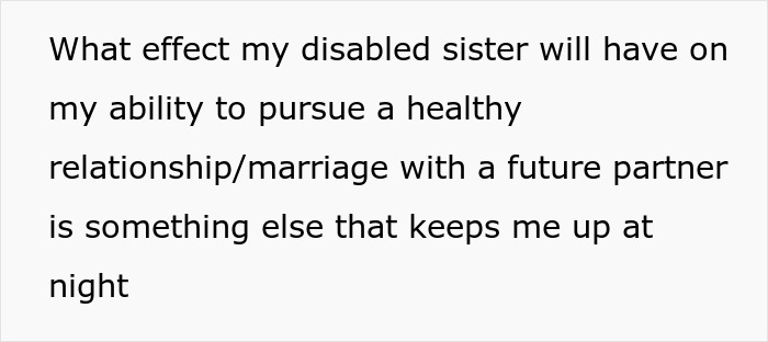 Text excerpt discussing the caretaker's frustration with her disabled sister and impact on her personal life and career. Text excerpt discussing the caretaker's frustration with her disabled sister and impact on her personal life and career.