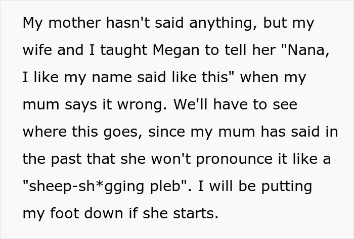 Text excerpt showing a family conflict about mom's native language and its pronunciation in a daughter's name. Text excerpt showing a family conflict about mom's native language and its pronunciation in a daughter's name.