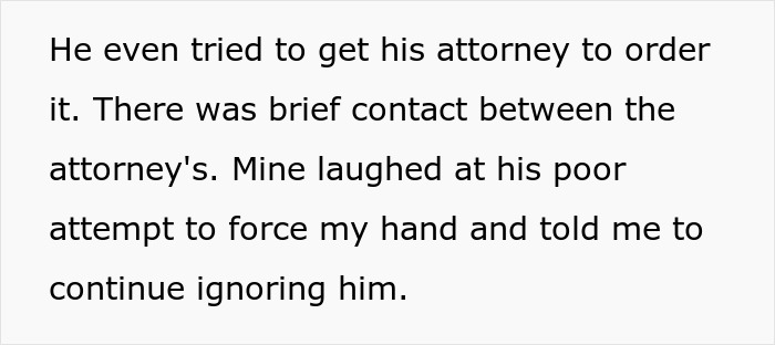 Text excerpt from legal dispute about a man cheating and his attorney laughing at his demands for babysitting. Text excerpt from legal dispute about a man cheating and his attorney laughing at his demands for babysitting.