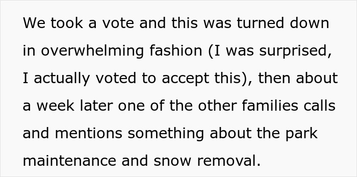 Text excerpt discussing a vote and a family mentioning park maintenance and snow removal in an HOA context. Text excerpt discussing a vote and a family mentioning park maintenance and snow removal in an HOA context.