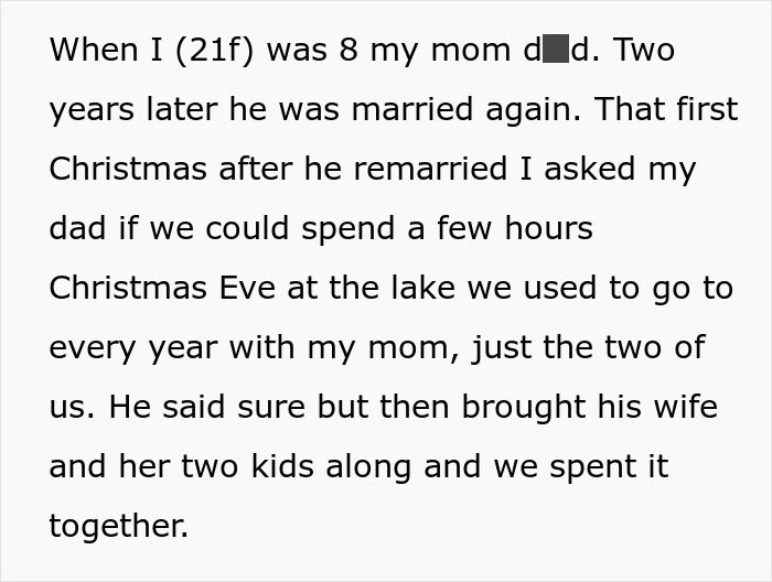 Text excerpt about a selfish dad disrupting his daughter’s Christmas memory, highlighting family conflict and apology demand.