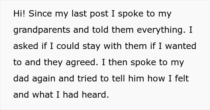 Text post about a teen telling grandparents about family issues after dad chooses his girlfriend over her.