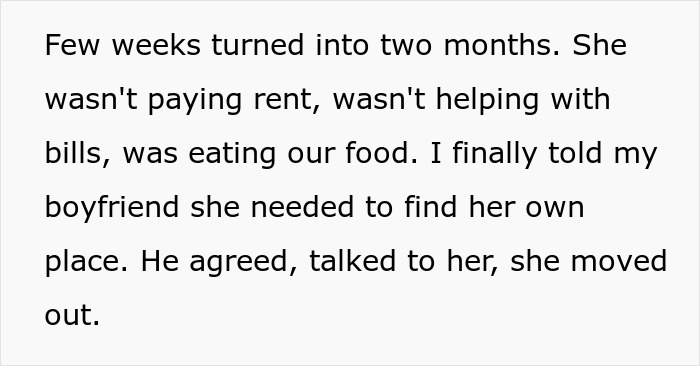 Text excerpt describing a woman not paying rent or bills while living with a couple, leading to a decision to ask her to move out.