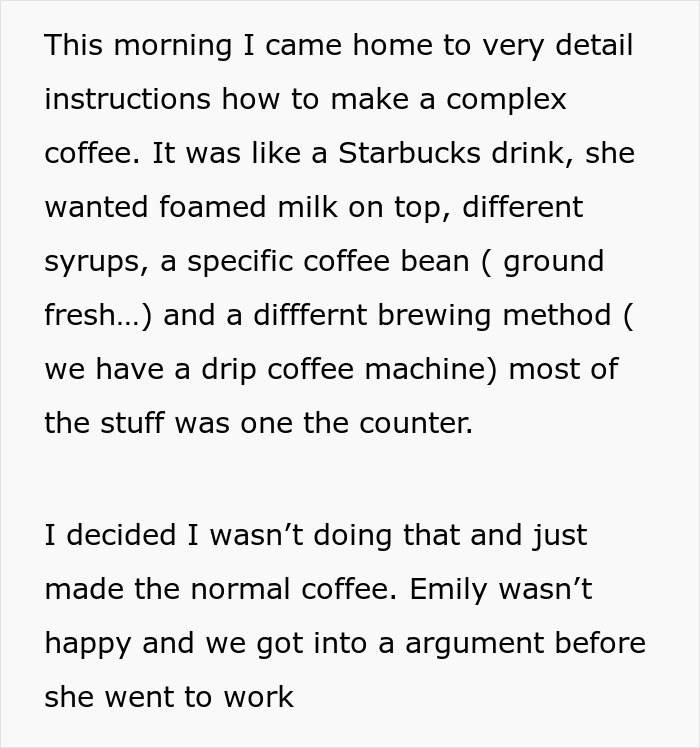 MIL offers to make morning coffee for DIL but ignores detailed instructions after demand for fancy recipe. MIL offers to make morning coffee for DIL but ignores detailed instructions after demand for fancy recipe.