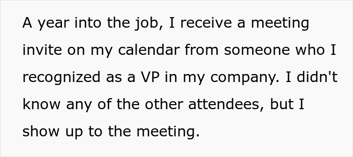Text excerpt from a female software developer describing a surprising meeting invitation from a company VP.