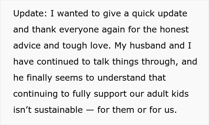 Text update about husband, retirement, and challenges with supporting adult children and managing finances sustainably. Text update about husband, retirement, and challenges with supporting adult children and managing finances sustainably.