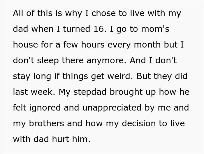 Text excerpt about a stepdad feeling upset and ignored as kids choose to live with their biological dad instead. Text excerpt about a stepdad feeling upset and ignored as kids choose to live with their biological dad instead.