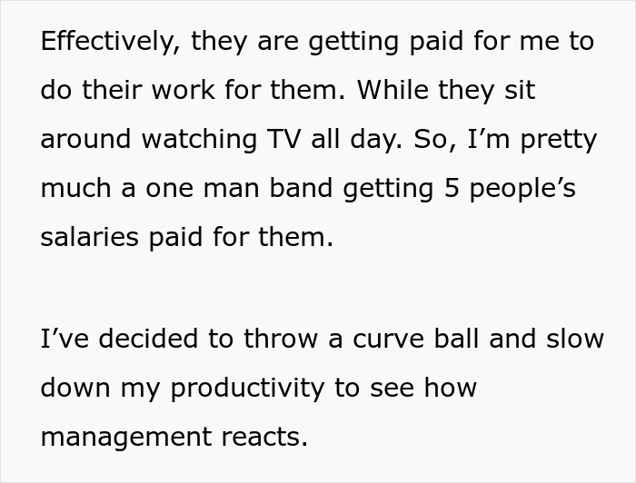 Text excerpt highlighting an employee explaining overworking by doing the roles of multiple people and deciding to stop overworking.