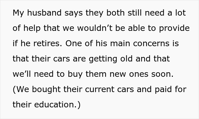Text discussing husband’s concerns about retirement, children’s needs, and managing finances for new cars and education. Text discussing husband’s concerns about retirement, children’s needs, and managing finances for new cars and education.
