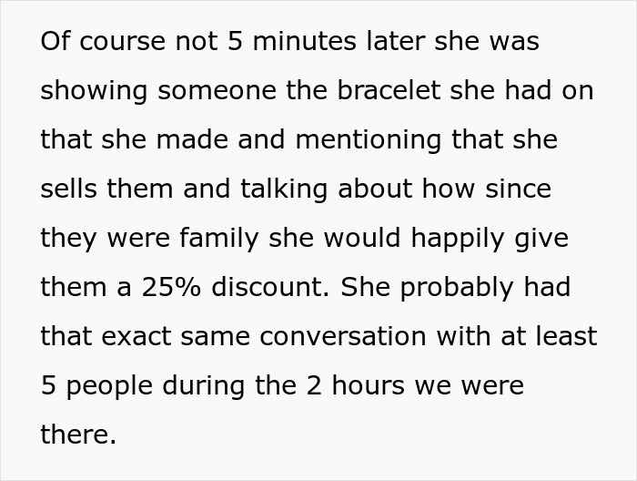 Text excerpt describing an Etsy artist promoting bracelets at a family event, causing upset to her husband. Text excerpt describing an Etsy artist promoting bracelets at a family event, causing upset to her husband.