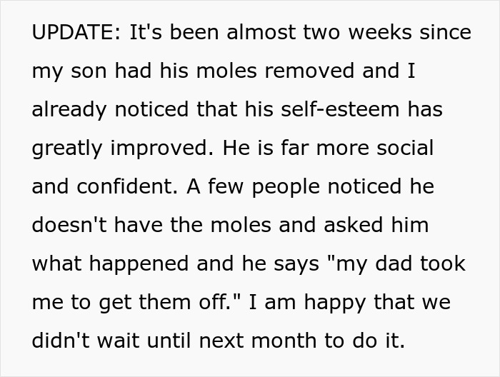 Alt text: Update on 12-year-old boy’s mole removal approved by dad, highlighting improved self-esteem and social confidence after cosmetic surgery. Alt text: Update on 12-year-old boy’s mole removal approved by dad, highlighting improved self-esteem and social confidence after cosmetic surgery.