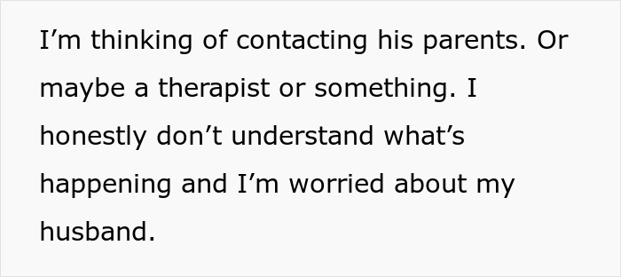 Text message expressing concern for husband's health and considering contacting parents or a therapist for help. Text message expressing concern for husband's health and considering contacting parents or a therapist for help.