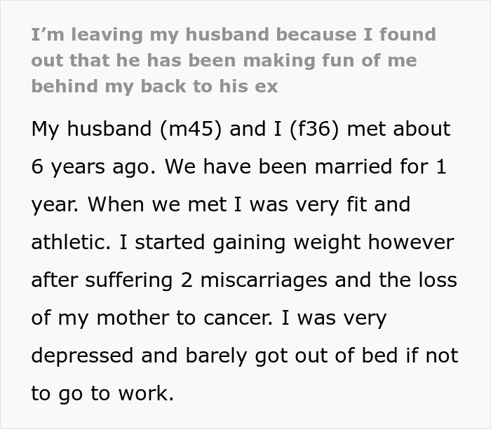 Alt text: Woman finds out her supportive husband made fun of her to his cheating ex-wife after hardships and weight gain. Alt text: Woman finds out her supportive husband made fun of her to his cheating ex-wife after hardships and weight gain.