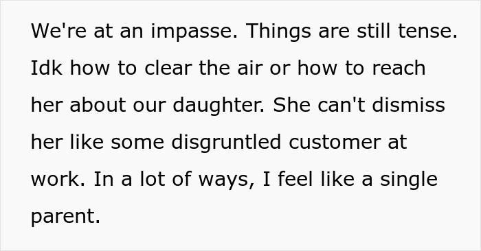 Text describing a man feeling like a single parent as his wife ignores their 10-year-old daughter and prioritizes work over family. Text describing a man feeling like a single parent as his wife ignores their 10-year-old daughter and prioritizes work over family.