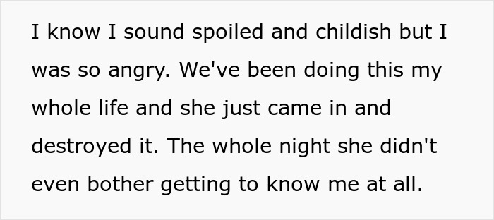 Text excerpt expressing anger from a teen after dad’s girlfriend disrupts their life, relating to adoption issues.