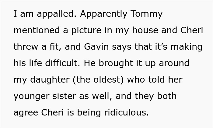 Text message expressing frustration over a jealous wife throwing a fit about hubby’s mom having pics of his ex in her house.