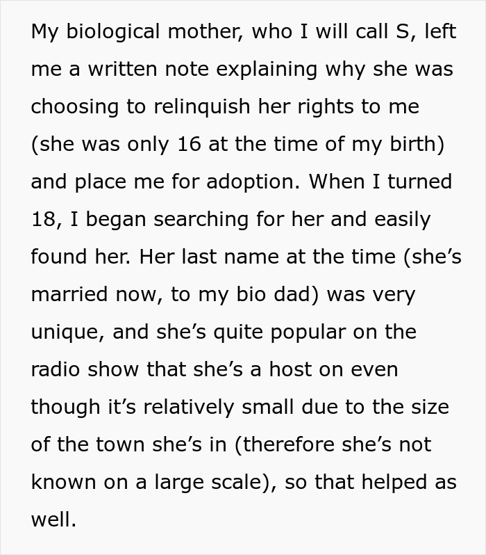 Text excerpt explaining a woman’s search to reunite with her biological mother after adoption, facing challenges from adoptive parents. Text excerpt explaining a woman’s search to reunite with her biological mother after adoption, facing challenges from adoptive parents.