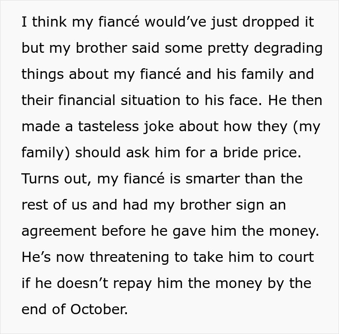 Bride’s family upset as fiancé threatens legal action against her brother over financial dispute before wedding. Bride’s family upset as fiancé threatens legal action against her brother over financial dispute before wedding.