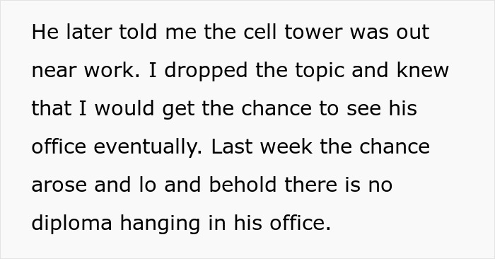 Text excerpt about a man lying about a master’s degree with no diploma displayed in his office.