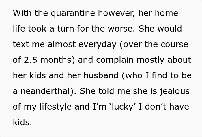 Text excerpt describing a friend complaining about her kids and husband during quarantine, highlighting clingy children. Text excerpt describing a friend complaining about her kids and husband during quarantine, highlighting clingy children.