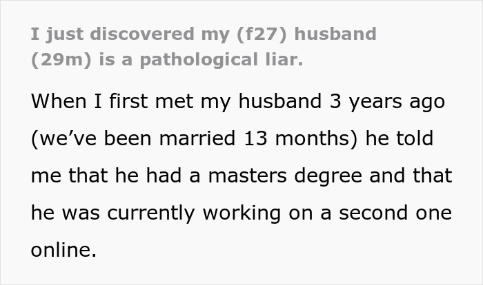 Text post with woman’s story about discovering husband lied about having a master’s degree after marriage.